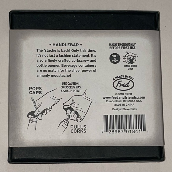 Fred and Friends Mustache Handle Bar can & Corkscrew Opener - Picture 2 of 2